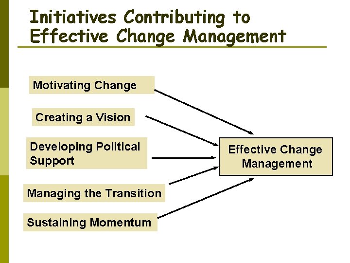 Initiatives Contributing to Effective Change Management Motivating Change Creating a Vision Developing Political Support