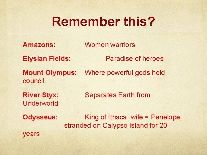 Remember this? Amazons: Women warriors Elysian Fields: Paradise of heroes Mount Olympus: council Where