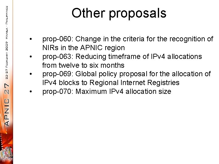 Other proposals • • prop-060: Change in the criteria for the recognition of NIRs