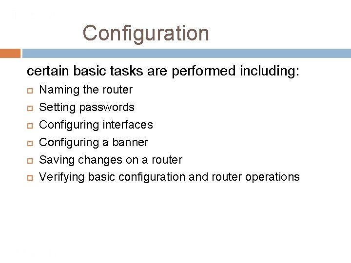 Configuration certain basic tasks are performed including: Naming the router Setting passwords Configuring interfaces