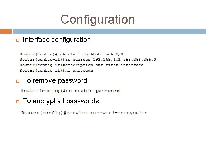 Configuration Interface configuration To remove password: To encrypt all passwords: 