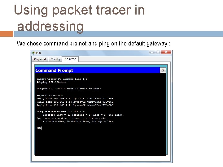 Using packet tracer in addressing We chose command promot and ping on the default