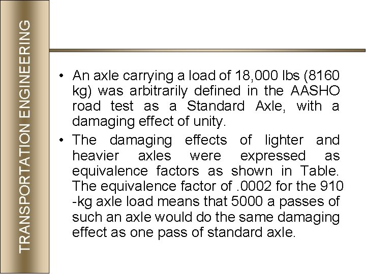 • An axle carrying a load of 18, 000 lbs (8160 kg) was • An axle carrying a load of 18, 000 lbs (8160 kg) was