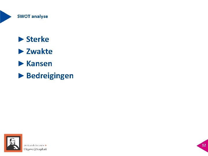 SWOT analyse ► Sterke ► Zwakte ► Kansen ► Bedreigingen 12 