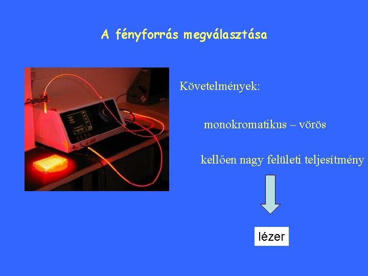 A fényforrás megválasztása Követelmények: monokromatikus – vörös kellően nagy felületi teljesítmény lézer 