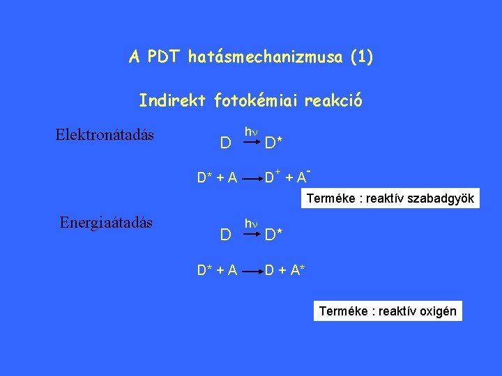 A PDT hatásmechanizmusa (1) Indirekt fotokémiai reakció Elektronátadás D hn D* D+ + A