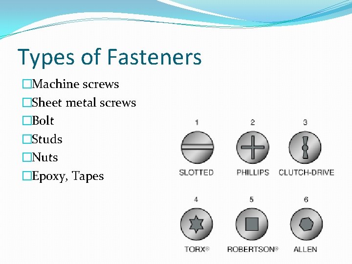 Types of Fasteners �Machine screws �Sheet metal screws �Bolt �Studs �Nuts �Epoxy, Tapes 