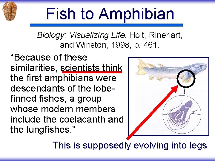 Fish to Amphibian Biology: Visualizing Life, Holt, Rinehart, and Winston, 1998, p. 461. “Because