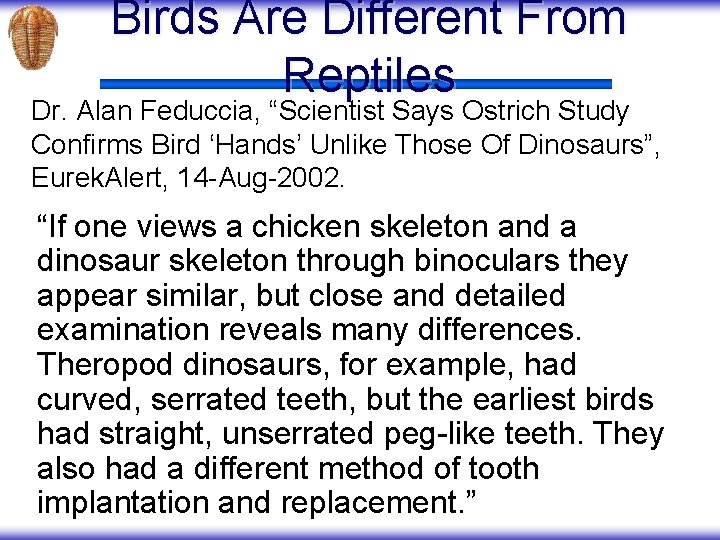 Birds Are Different From Reptiles Dr. Alan Feduccia, “Scientist Says Ostrich Study Confirms Bird