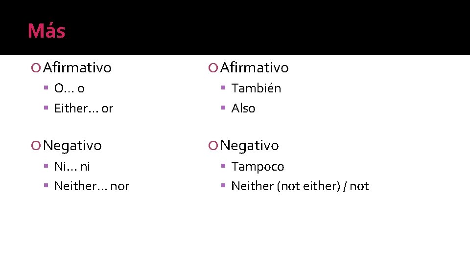 Más Afirmativo O… o También Either… or Also Negativo Ni… ni Tampoco Neither… nor