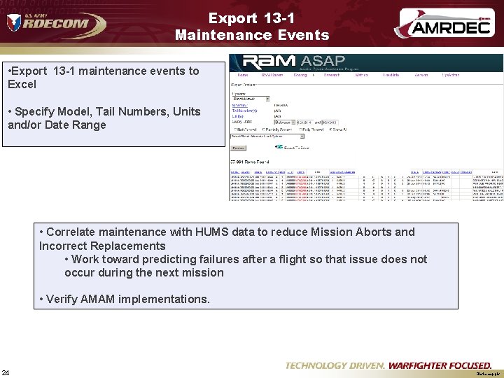 Export 13 -1 Maintenance Events • Export 13 -1 maintenance events to Excel •