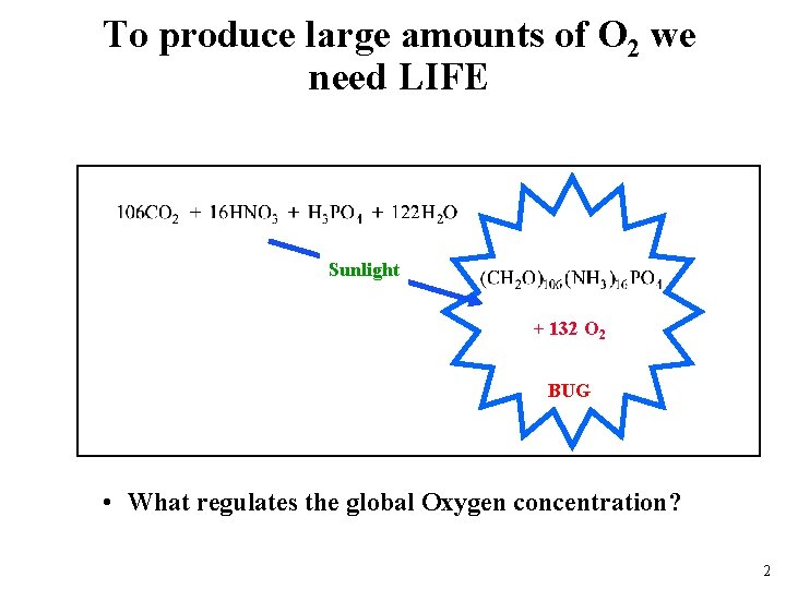 To produce large amounts of O 2 we need LIFE Sunlight + 132 O