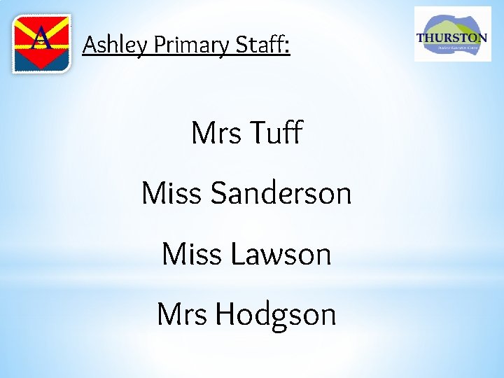 Ashley Primary Staff: Mrs Tuff Miss Sanderson Miss Lawson Mrs Hodgson 