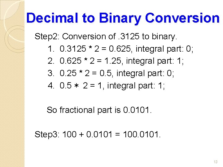 Decimal to Binary Conversion Step 2: Conversion of. 3125 to binary. 1. 0. 3125