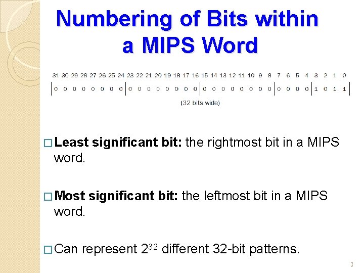 Numbering of Bits within a MIPS Word � Least significant bit: the rightmost bit