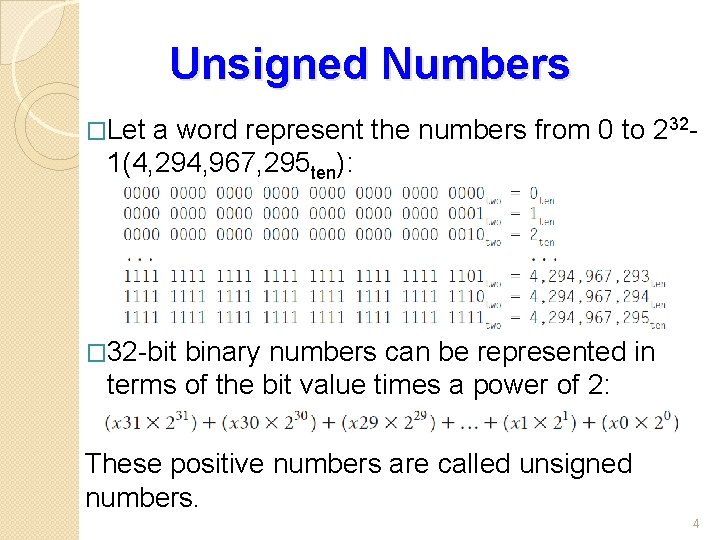 Unsigned Numbers �Let a word represent the numbers from 0 to 2321(4, 294, 967,