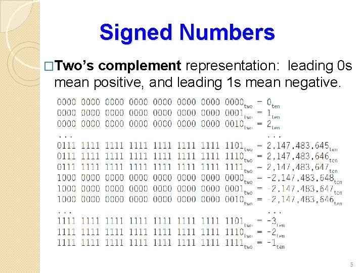 Signed Numbers �Two’s complement representation: leading 0 s mean positive, and leading 1 s