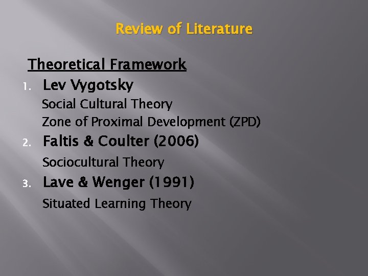 Review of Literature Theoretical Framework 1. Lev Vygotsky Social Cultural Theory Zone of Proximal