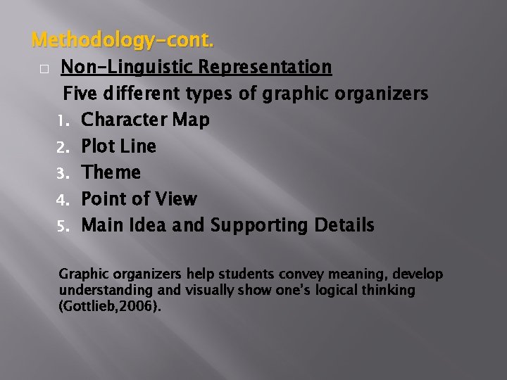 Methodology-cont. � Non-Linguistic Representation Five different types of graphic organizers 1. Character Map 2.