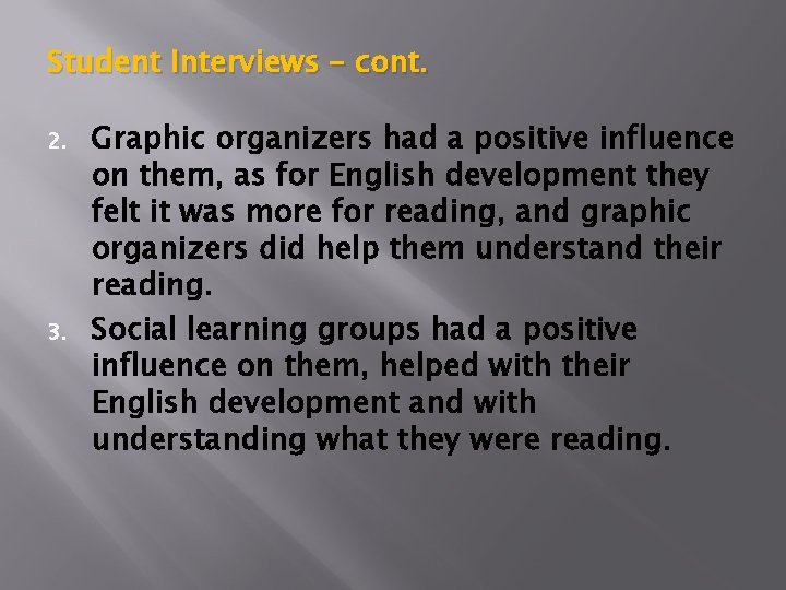 Student Interviews – cont. 2. 3. Graphic organizers had a positive influence on them,