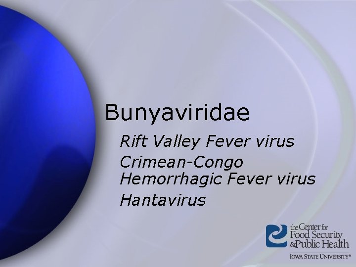 Bunyaviridae Rift Valley Fever virus Crimean-Congo Hemorrhagic Fever virus Hantavirus 