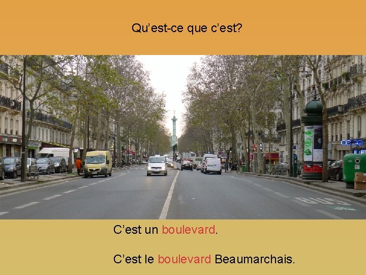 Qu’est-ce que c’est? C’est un boulevard. C’est le boulevard Beaumarchais. 