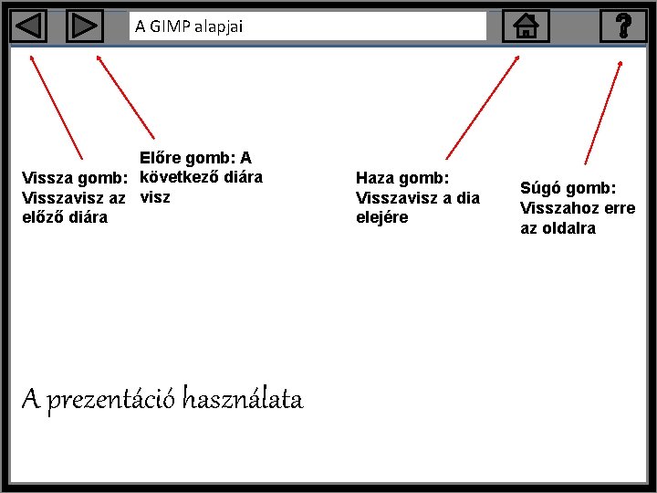 A GIMP alapjai Előre gomb: A Vissza gomb: következő diára Visszavisz az visz előző