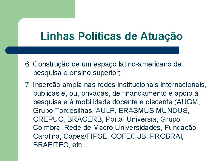 Linhas Políticas de Atuação 6. Construção de um espaço latino-americano de pesquisa e ensino