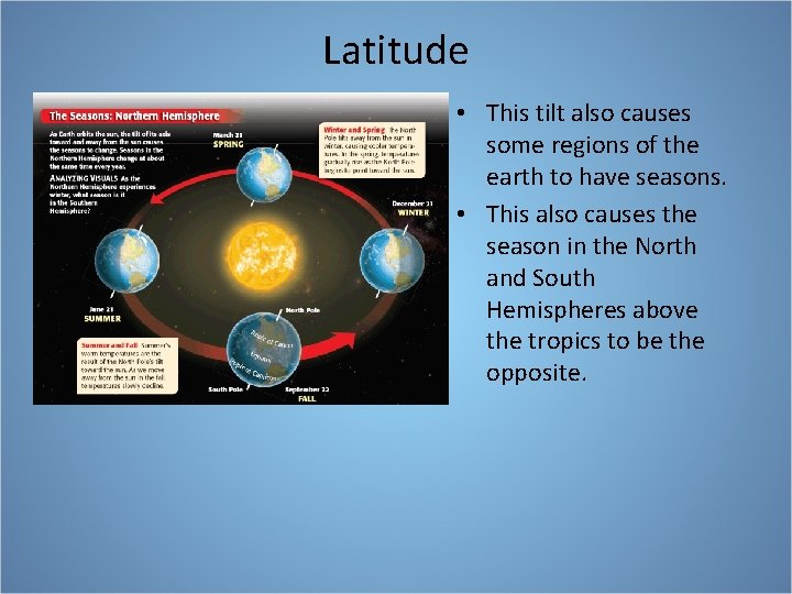 Latitude • This tilt also causes some regions of the earth to have seasons.