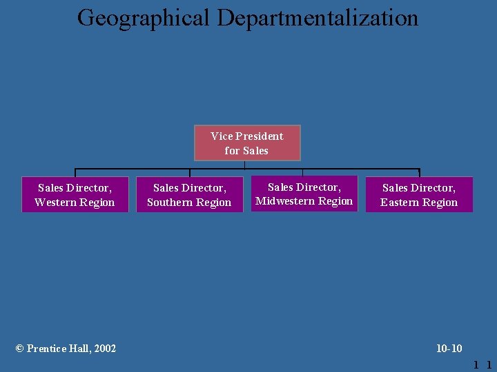 Geographical Departmentalization Vice President for Sales Director, Western Region © Prentice Hall, 2002 Sales