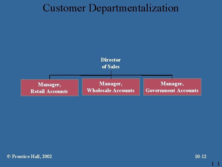 Customer Departmentalization Director of Sales Manager, Retail Accounts © Prentice Hall, 2002 Manager, Wholesale