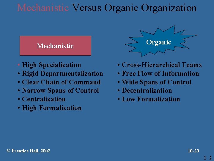 Mechanistic Versus Organic Organization Mechanistic • High Specialization • Rigid Departmentalization • Clear Chain