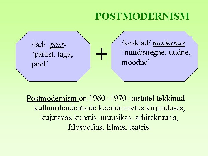 POSTMODERNISM /lad/ post‘pärast, taga, järel’ + /kesklad/ modernus ‘nüüdisaegne, uudne, moodne’ Postmodernism on 1960.