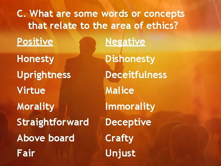 C. What are some words or concepts that relate to the area of ethics?
