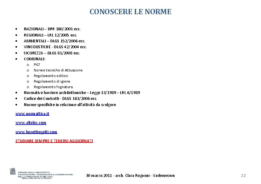 CONOSCERE LE NORME NAZIONALI – DPR 380/2001 ecc. REGIONALI – LRL 12/2005 ecc. AMBIENTALI