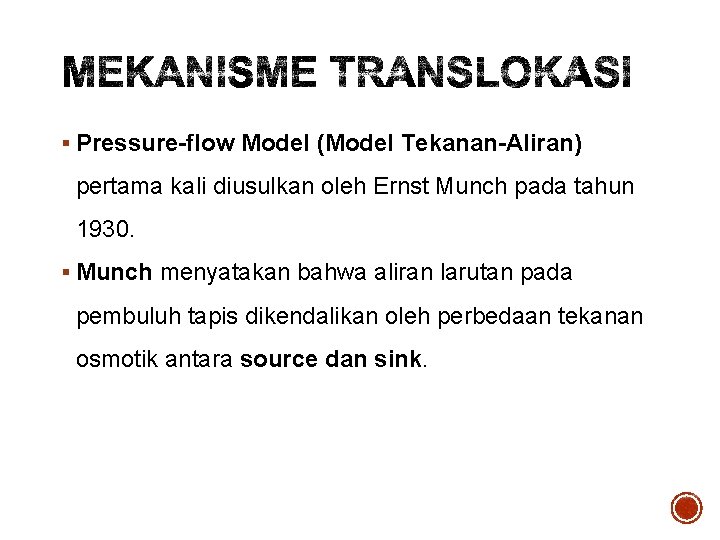 § Pressure-flow Model (Model Tekanan-Aliran) pertama kali diusulkan oleh Ernst Munch pada tahun 1930.