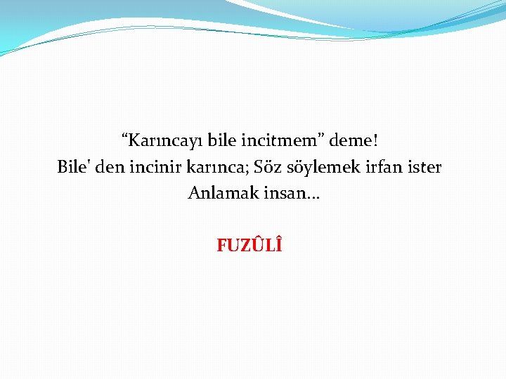 “Karıncayı bile incitmem” deme! Bile' den incinir karınca; Söz söylemek irfan ister Anlamak insan.