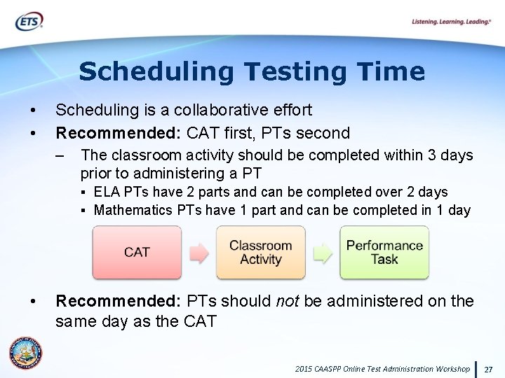 Scheduling Testing Time • • Scheduling is a collaborative effort Recommended: CAT first, PTs