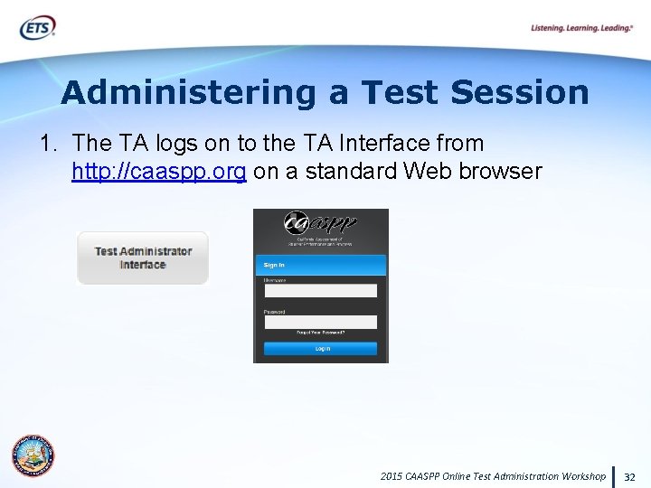 Administering a Test Session 1. The TA logs on to the TA Interface from