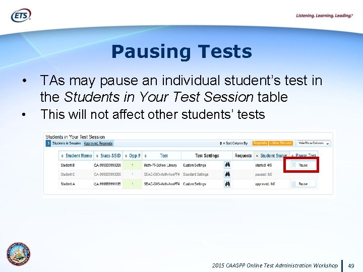 Pausing Tests • TAs may pause an individual student’s test in the Students in