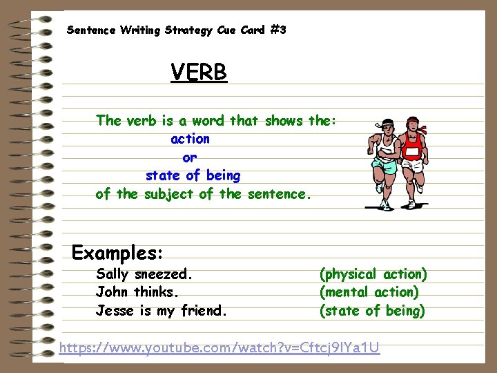 Sentence Writing Strategy Cue Card #3 VERB The verb is a word that shows