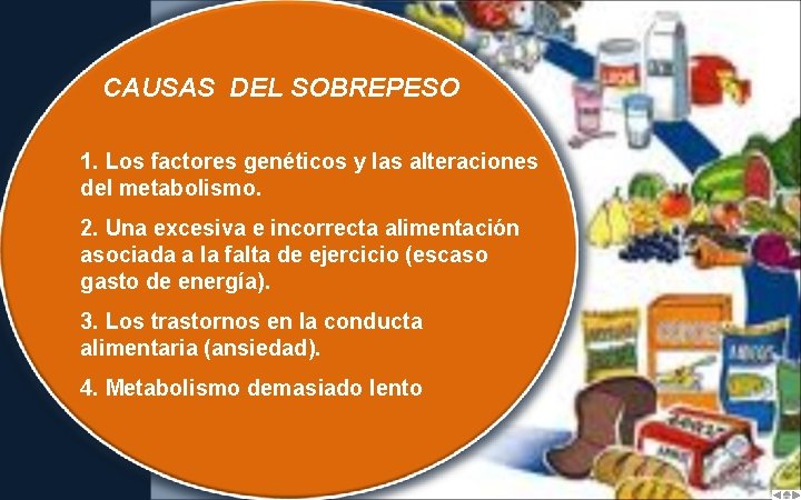 CAUSAS DEL SOBREPESO 1. Los factores genéticos y las alteraciones del metabolismo. 2. Una