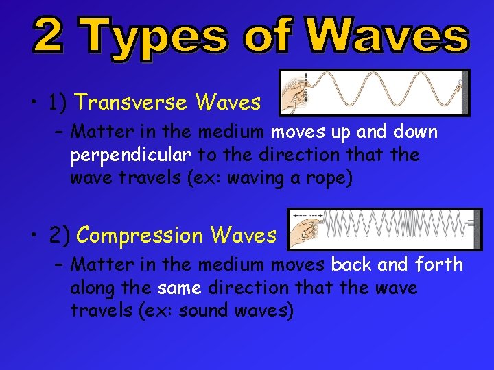  • 1) Transverse Waves – Matter in the medium moves up and down