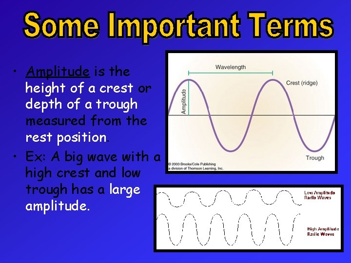  • Amplitude is the height of a crest or depth of a trough