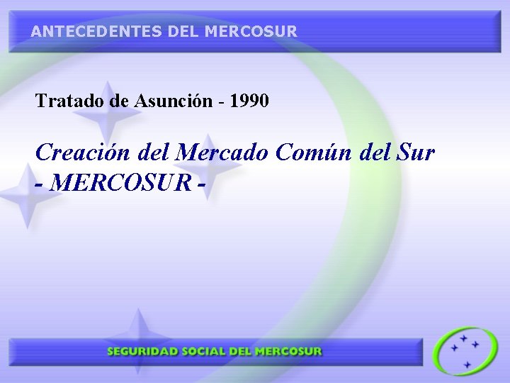 ANTECEDENTES DEL MERCOSUR Tratado de Asunción - 1990 Creación del Mercado Común del Sur