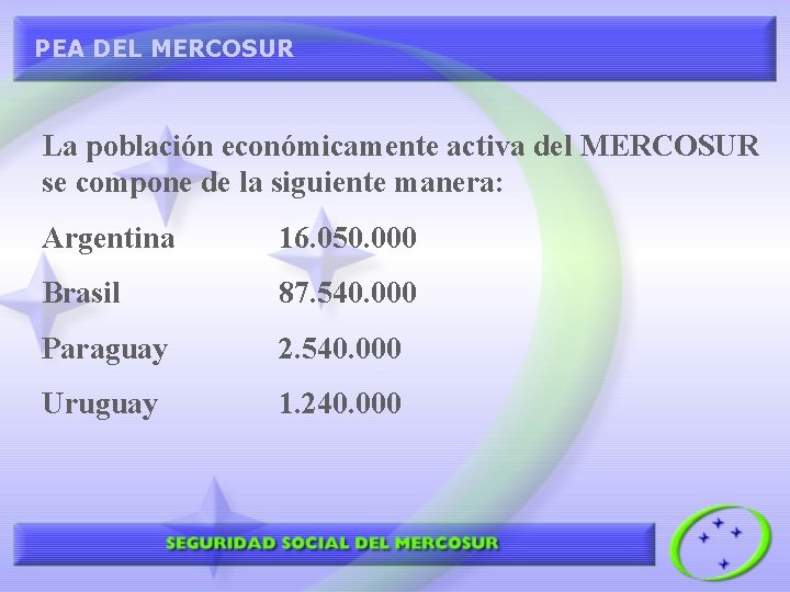 PEA DEL MERCOSUR La población económicamente activa del MERCOSUR se compone de la siguiente