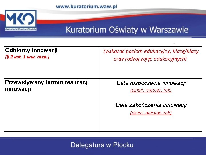 Odbiorcy innowacji (§ 2 ust. 1 ww. rozp. ) Przewidywany termin realizacji innowacji (wskazać