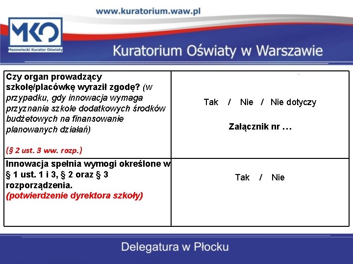 Czy organ prowadzący szkołę/placówkę wyraził zgodę? (w przypadku, gdy innowacja wymaga przyznania szkole dodatkowych