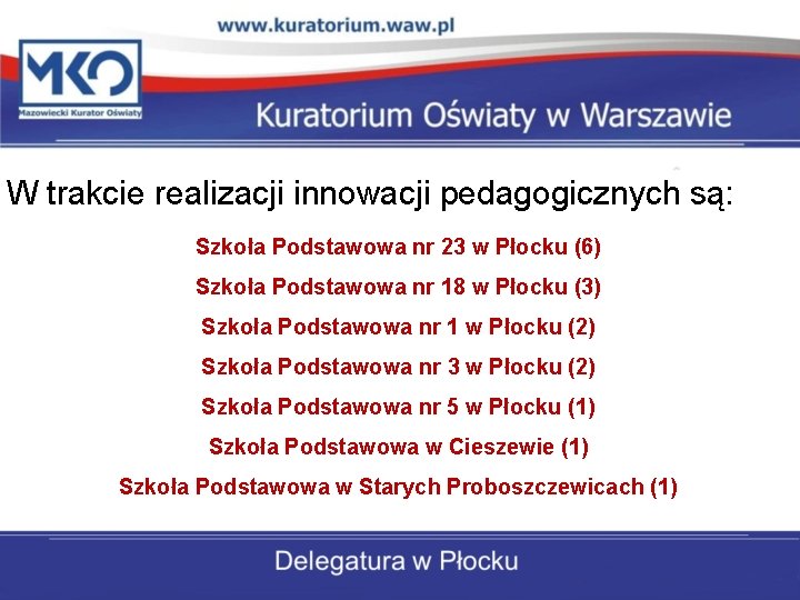 W trakcie realizacji innowacji pedagogicznych są: Szkoła Podstawowa nr 23 w Płocku (6) Szkoła