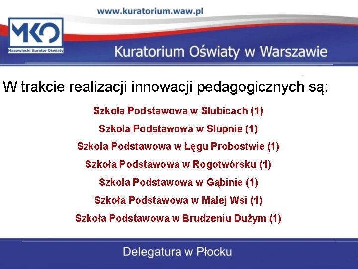 W trakcie realizacji innowacji pedagogicznych są: Szkoła Podstawowa w Słubicach (1) Szkoła Podstawowa w